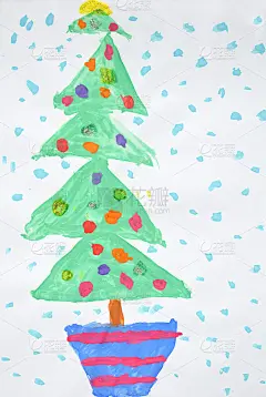 花盆里的圣诞树。儿童水彩画。新年和圣诞快乐的概念