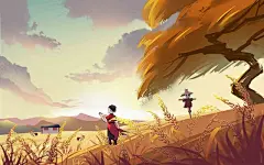 秋天插画卡通黄色秋天立秋丰收麦田田园农舍风景插画背景海报素材