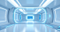 3d room with skylights and blue walls, in the style of futuristic sci-fi, light white and cyan, clear edge definition, white background, streamlined design, neon lighting, clean and streamlined ,8k