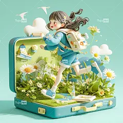 C4D渲染风格，一个可爱的成年女孩穿着蓝色短裤，穿着时尚服海报-图巨人