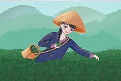 绿色国风可爱的采茶茶叶人物小姑娘插画