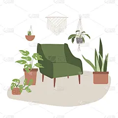 绿色扶手椅与都市丛林。有盆栽的客厅。舒适的家的概念。呆在家里。平面向量插图