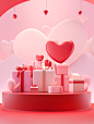 3d happy valentines day card with gifts collection, in the style of minimalist backgrounds, candid atmosphere, tabletop photography, detailed, layered compositions, vibrant stage backdrops, red and pink, daz3d