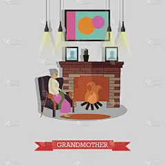矢量插图的祖母坐在扶手椅在壁炉。