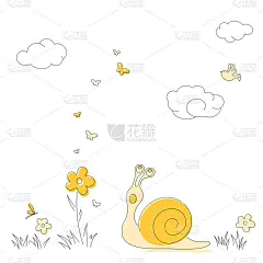 简单可爱的蜗牛看着飞舞的蝴蝶和惊喜。夏日涂鸦贺卡。