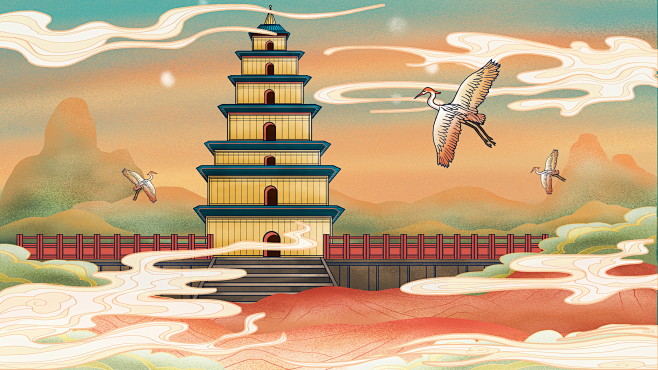 中国风城市建筑古典国潮风宫廷古楼插画手绘...