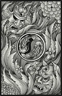 日本传统风格鱼与恶魔纹样手绘插画设计素材
