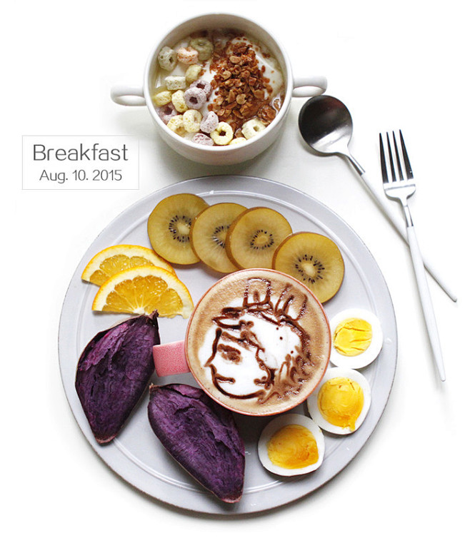 烤紫薯，黄心猕猴桃，酸奶坚果，咖啡#早餐...