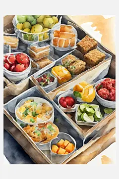 AI数字艺术便当盒美食水彩插图-众图网