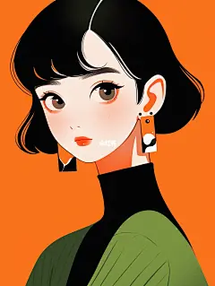 AI-丨平面插画丨极简主义丨短发女孩头像丨