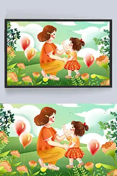 温馨治愈母亲节花丛母亲与女儿插画