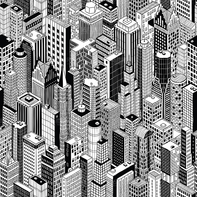 卡通黑白城市建筑设计矢量素材 - 素材中...