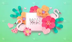 情人节快乐鲜花贺卡以现实的3D纸巾风格展示。纸制工艺花,心形天鹅鸟.浪漫的2月14日假日活动的设计.