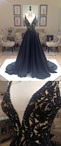 Black V Neck Chiffon beaded Long Prom Dress, black evening dress