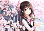blue_eyes brown_hair cherry_blossoms cropped flowers kyouya_kakehi long_hair original petals scan shirt spring