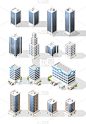 一套等距高质量的城市建筑与阴影在白色背景。孤立的向量元素