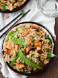 Crispy fried rice and stir-fried veggies are seasoned up with garlicky sake-soy sauce and served with crispy tofu bacon to make this Japanese-inspired vegan delight. 