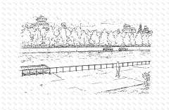 黑白线稿 漫画场景公园-河岸-桥自然 (4)