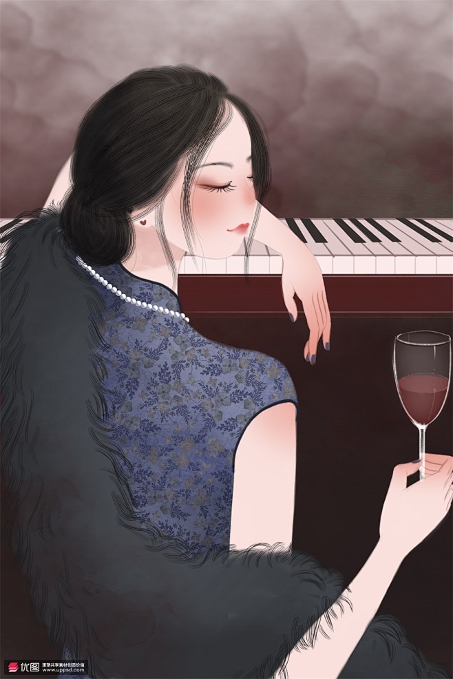 消愁酒杯钢琴按键旗袍美女民国人物插画民俗民风中国风