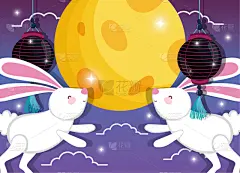 兔子,图像,中秋节,可爱的,传统,灯笼,中间,传统节日,问候