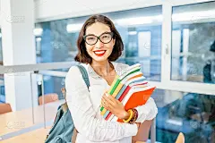 一个快乐的女学生或年轻的老师背着书包和书在大学校园里的肖像