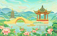 国潮荷花荷叶荷塘风景古风国风卡通手绘插画背景素材亭子桥塔山水国潮荷花插画.psd