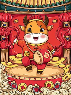 新年2021年牛年国潮手绘插画psd设计海报春节元旦卡通年画集素材