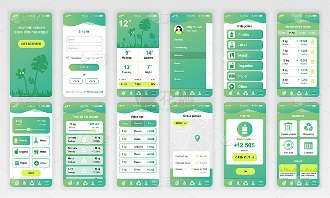 Set of UI, UX, GUI screens Ecology app flat design-花瓣网