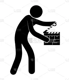 简笔画，副导演用隔板开始拍摄电影。白色上的孤立向量