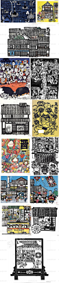 94张日本版画风格插画图片参考 日式建筑鬼怪黑白绘画参考-淘宝网