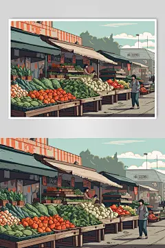 AI数字艺术菜市场生鲜蔬菜市场线条插画-众图网