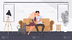 一对相爱的情侣坐在房间的沙发上。恋人互相拥抱。适合设计以爱情和情人节为主题的卡片、横幅和海报。向量。