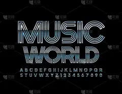 带抽象迷宫字体的矢量金属海报音乐世界。银质创意字母及数字