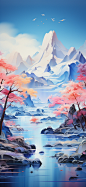 一幅山水3D水彩插图