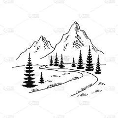 山路。背景为白色的黑色景观。手绘石峰的素描风格.矢量说明.