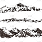 矢量集合的草图山和丘陵，手绘插图。