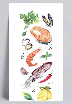 手绘海鲜|海鲜,鳕鱼,虾,贝壳,食物,手绘,卡通元素,手绘/卡通