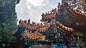 北京——近距离观察中国北京景山公园内一个巨大的亭子。这些建筑物的屋顶装饰得非常华丽