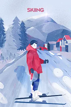 冬季风雪堆雪人可爱卡通风景插画