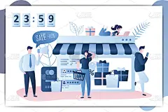 网上店铺店面，人们拿着智能小玩意和购物袋，商人拿着扩音器