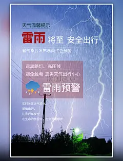 蓝色暴雨预警简约海报
