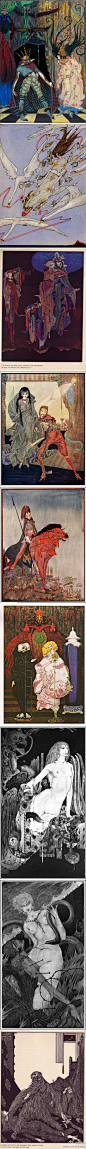 爱尔兰人Harry Clarke （1889 ~ 1931）自幼随父学习彩色玻璃设计，同时还是位插图师。与彩色玻璃绘画追求的明亮艳丽刚好相反，他的插图十分黑暗诡异。尤其是他在《神秘与死亡传说》中的精彩演绎，确立了他独一无二的个人标签。