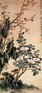 清 罗聘《花卉图》--- 此画是仿沈周的笔法所作的一幅小写意花鸟画。画中���株山茶花叶繁茂，后有嶙峋奇石耸立，奇石以焦墨勾出形状，淡墨晕染，山茶设色清丽、兼工带写。梅花则飞笔点出，天然之趣盎然。上海博物馆藏。