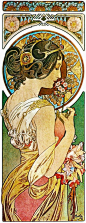 Alphonse Maria Mucha 穆夏（1860-1939) | “新艺术运动”代表人物，其创作涵盖了招贴画、油画、雕塑、书籍插图、建筑设计、室内装饰、首饰设计、彩色玻璃窗画等许多艺术领域。而其中他那些被称为“穆夏风格”的招贴画展现了成熟的追求极端唯美的新艺术曲线装饰风格，几乎成为新艺术招贴画的同义词。