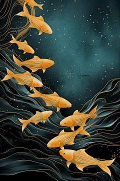 AI数字艺术金箔鲤鱼锦鲤装饰画