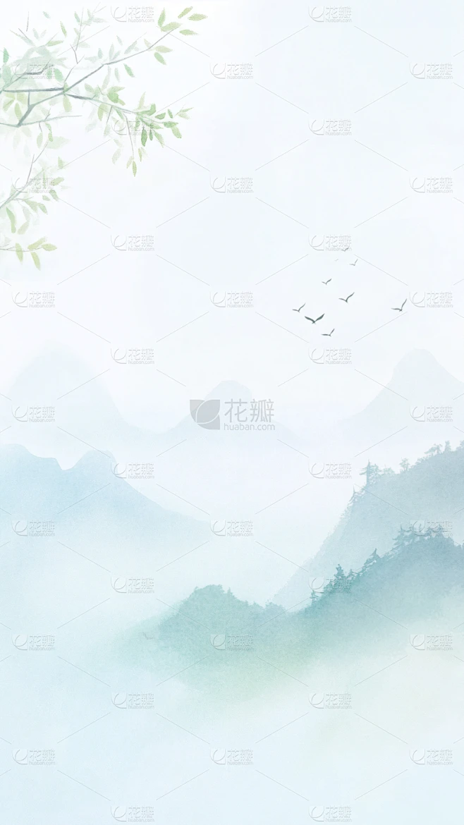背景系列中国风水墨飞鸟远山背景素材-花瓣网