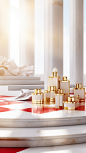 Skin care photo shooting, windows, stairs, chessboard floor, gift box, white, gold border, gold balloon, red ribbon embellishment, elaborate design, simple style, promotional posters, focusing on products, central composition, commercial poster style, smo