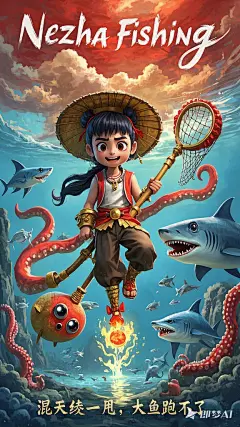 哪吒身穿现代风格的渔夫装，头戴斗笠，脚踏风火轮，手持混天绫化作的渔网，眼神坚定，嘴角上扬，充满自信和斗志。背景是充满科技感的未来海底世界。 以红色、金色、蓝色为主色调，红色代表哪吒的热情和活力，金色代
