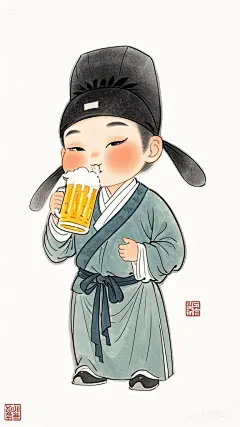 全景,水墨插画,极简主义，三头身，唐代男士插画,男士喝啤酒，现代人物与古风工笔画结合，画风细腻成熟，独特的风格，识别度高，人物讨喜又不失韵味，可爱的Q版唐代风俗画图，背景简洁，纯色背景。