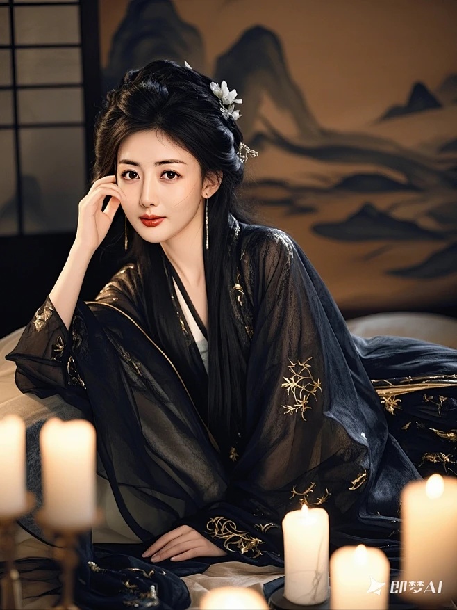 一位身穿玄色妆容汉服的女子，眉目如画，精致的五官，绝美的妆容，媚而不妖，倾国倾城，绝世佳人，柔美婉约，黑色柔顺的长发，醉眼迷蒙，慵懒的斜靠在床 ...